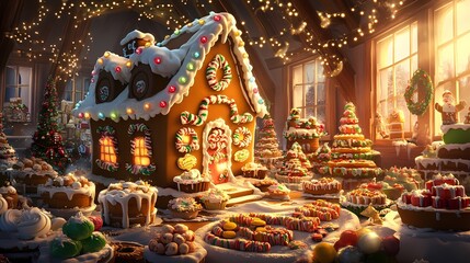 Obraz premium Enchanting Gingerbread House Surrounded by Colorful Desserts in a Warm Cozy Room Adorned with Holiday Decorations and Twinkling Lights