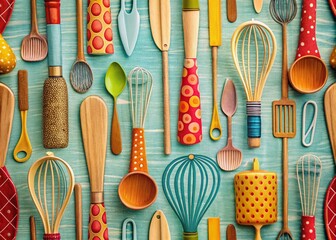 Beautiful Fabric Design Featuring a Pattern of Kitchen Utensils on a Soft Pastel Background, Perfect for Home Decor and Culinary Enthusiasts