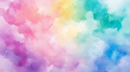 Whimsical pastel rainbow unicorn surrounded by colorful candy in watercolor abstract paper background