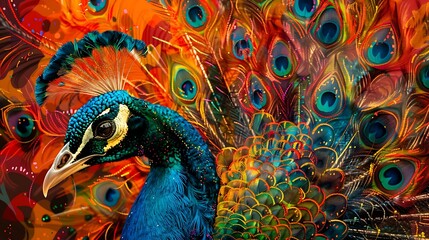 Fototapeta premium Abstract Art of a Peacock with Intricate Feather Details and Vibrant Colors, Showcasing the Majesty and Beauty of the Bird through Complex Patterns and Fluid, Dynamic Shapes