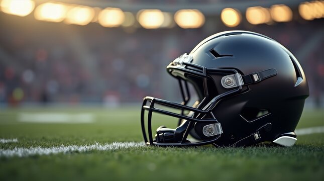 American football helmet resting on grass field at sunset. Close-up sports equipment scene, copy space