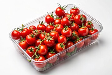 Captivating Documentary Photography of Isolated Cherry Tomato Packaging Against a White Background with Juicy Cherry Background Accents for Fresh Produce Marketing