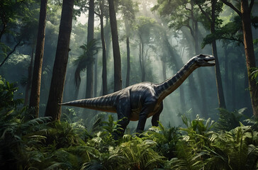 Brachiosaurus stretches skyward poses amidst prehistoric splendor.