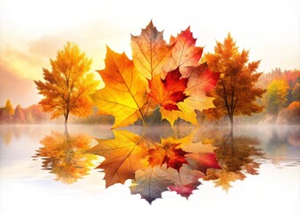 Fototapeta premium Captivating Double Exposure of Autumn Leaves Merging with Nature's Palette on a White Background for Creative and Artistic Stock Photography Use