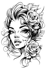 A woman with long hair and a rose on her head. The woman has a sad expression on her face