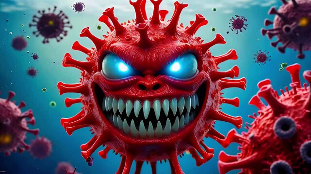 A cartoonish, menacing virus character with sharp teeth and glowing eyes in a colorful environment.