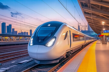 A train with yellow and white stripes is traveling down the tracks