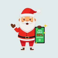 Cute Santa Claus Cartoon Character Holding Phone With Christmas Sale Text. Vector Illustration Flat Design Isolated Background.