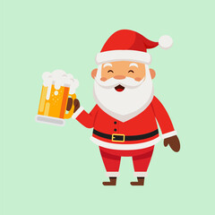 merry christmas and happy new year with cute santa claus drinking alcohol beer in the winter season green background, flat vector illustration cartoon character costume design