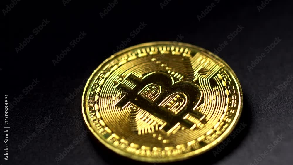 Poster close-up of a gold bitcoin coin lying flat on a dark surface rotating. intricate blockchain-inspired