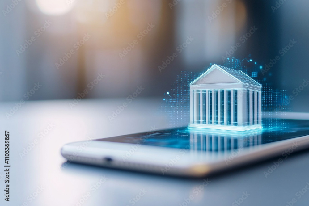 Poster ai generated digital bank architecture model on smartphone futuristic environment technology insight