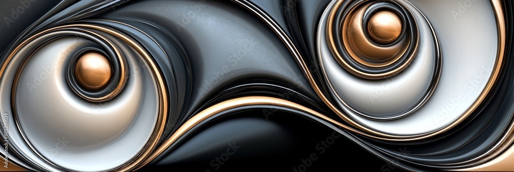Poster silver and gold abstract swirls. abstract background with 3d shapes with modern metallic look.