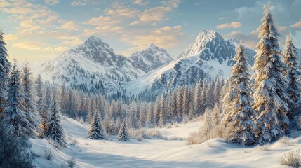 Snow-Covered Mountains and a Forest at Sunset