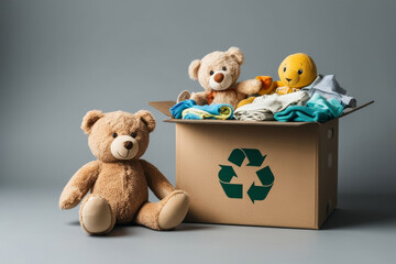 Donation box with baby clothes and toys on grey background. AI generated