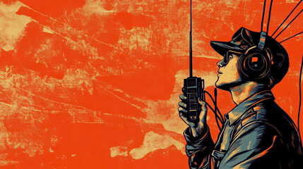 Celebration of World amateur radio day with vibrant artwork for communication enthusiasts. Horizontal banner. Copy space. Vintage illustration, red background