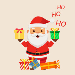 Christmas card colorful gift bag or box design with santa and ho ho ho text, flat design style illustration