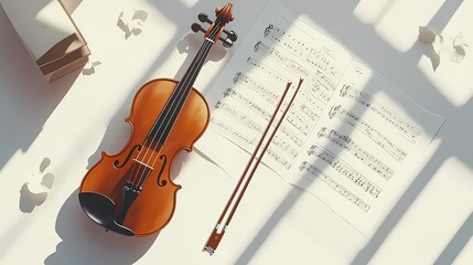 Fototapeta premium Elegant Violin with Sheet Music and Bow on Sunlit Table, Creative Musical Composition, Artistic Reflection of Music and Instrument in Bright Natural Light