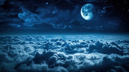 Fototapeta premium Serene night sky over clouds with a glowing moon.