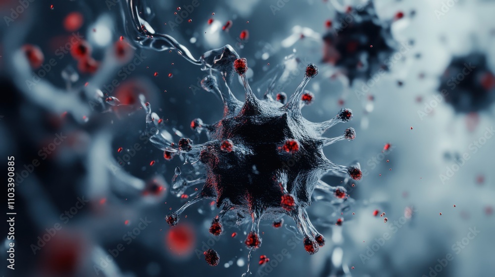 Poster close-up view of a virus cell with red particles in an abstract background illustrating the intricac