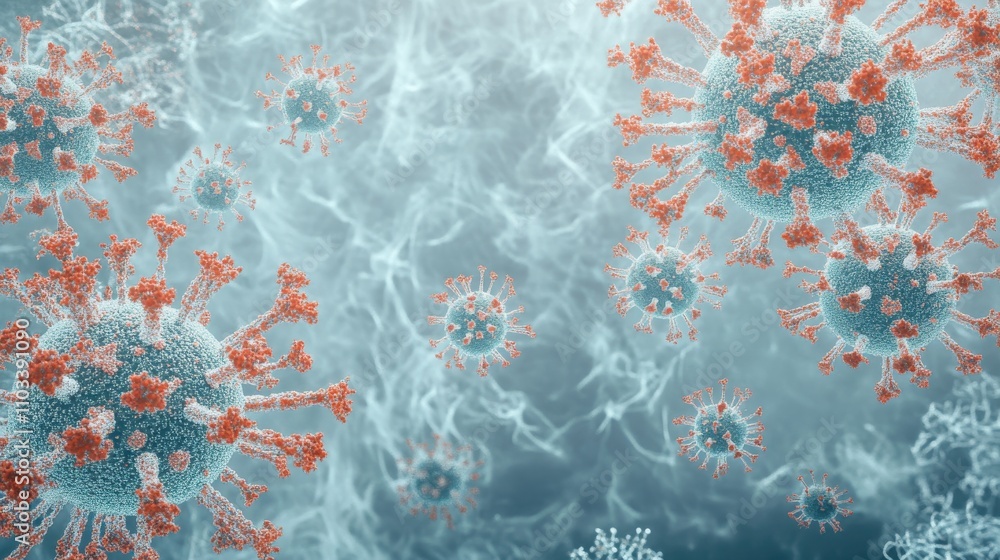 Aufkleber close-up view of colorful virus particles in a microscopic environment, representing the spread of i