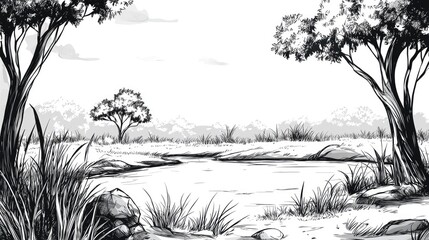 Fototapeta premium A simple black and white illustration of a nature scene with a river, trees, and mountains in the background.