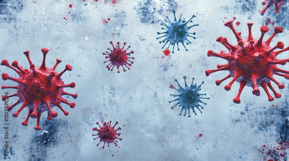 Poster close-up view of colorful virus particles on a textured background illustrating microbial structures