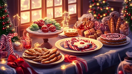 Festive Holiday Dessert Table with Colorful Cookies, Cakes, and Candies in Cozy Warm Atmosphere Surrounded by Christmas Decorations and Lights