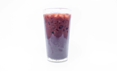 Iced chocolate in clear glass isolated on white background, copy space blank space