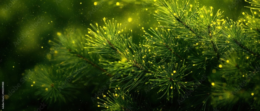 Poster close-up view of lush green pine tree branches with soft bokeh and golden dust particles in a serene