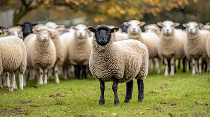 Fototapeta premium A beautiful sheep against the background of a herd of whites. A flock of sheep standing in a row for background.