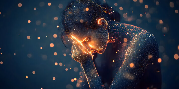 A person with fibromyalgia, depicted as dots of light, symbolizes severe pain and fatigue. This concept raises awareness of chronic pain, highlighting issues of invisible illnesses