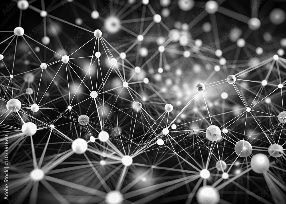 Poster black and white abstract representation of connected dots creating a visual network of interconnecti