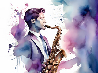 Watercolor illustration of a saxophone player in a suit, featuring vibrant splashes of purple and blue tones, ideal for branding, backgrounds, and artistic designs.