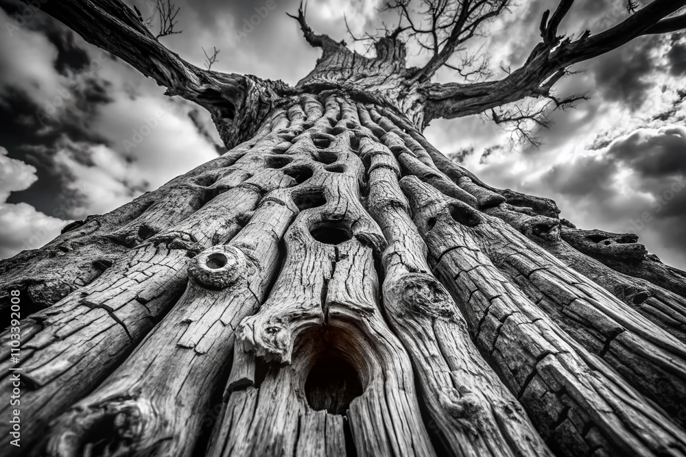 Aufkleber black and white architectural study of a weathered tree with cracks and holes emphasizing textures a