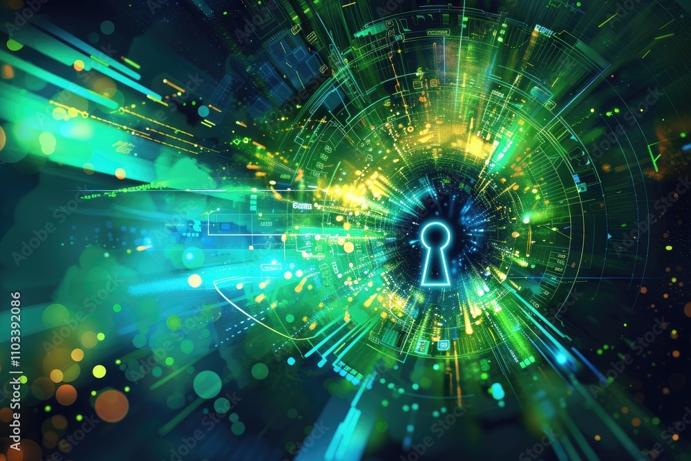 Poster a digital representation of a keyhole surrounded by vibrant, abstract light patterns.