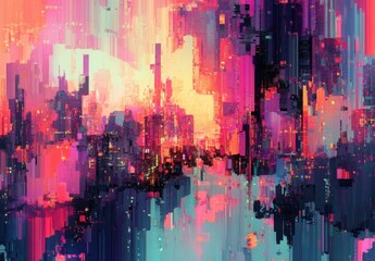 Colorful Abstract Cityscape with Vibrant Hues and Textured Patterns Reflecting Modern Art Style for Background or Creative Design Use