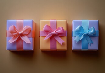 Colorful Gift Boxes with Ribbons Perfect for Celebrations, Birthdays, and Holidays Displayed on a Warm Brown Surface Highlighting Festive Atmosphere