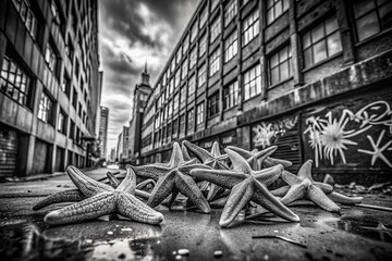 Black and White Starfish Illustrations for Urban Exploration Photography, Showcasing the Beauty and Intricacies of Marine Life on City Streets and Urban Settings