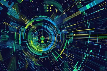 Obraz premium Abstract digital design featuring circular patterns and vibrant lines, symbolizing technology.
