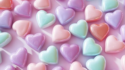 Obraz premium Colorful Heart-Shaped Candies on a Soft Pastel Background for Sweet Treats and Festive Celebrations, Perfect for Valentine's Day or Any Romantic Occasion