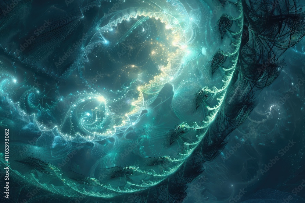 Poster a mesmerizing fractal design featuring swirling patterns and luminous elements.