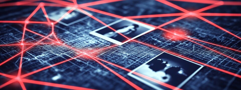 Unraveling the Mystery: A Detective's Board.Concept of Mystery, investigation, crime, suspense, noir genre, Film and television production, video game development, board game design, escape rooms.
