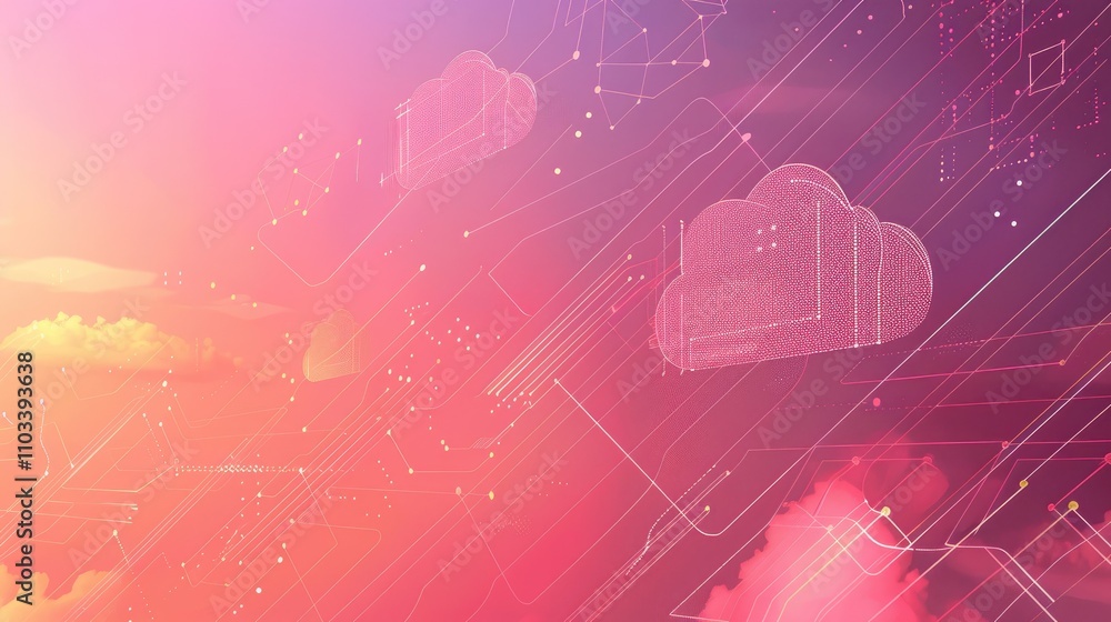 Poster abstract digital artwork featuring clouds and technology-inspired elements in a vibrant gradient.