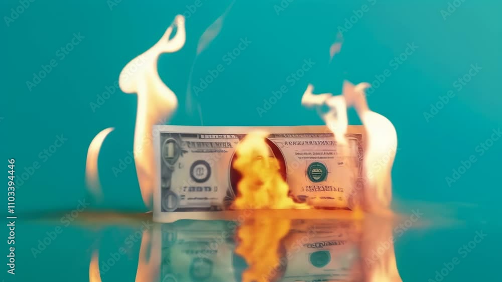 Poster One dollar bill is burning with flames and reflecting on a teal surface, representing concepts like inflation, financial crisis, and economic recession