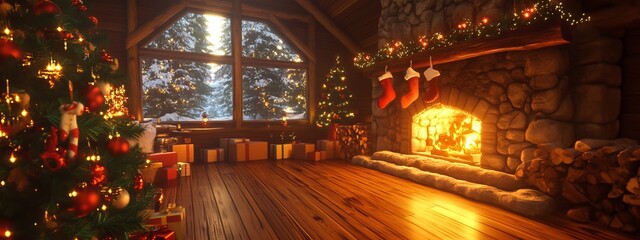 Obraz premium Holiday Decorated Living Room with Christmas Tree and new year Ornaments.Concept of Holiday cheer, family gathering, holiday decor,Home decor, interior design, retail, real estate, holiday marketing.