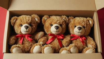 Adorable teddy bears with red ribbons in a cardboard box for children’s gifts and celebrations
