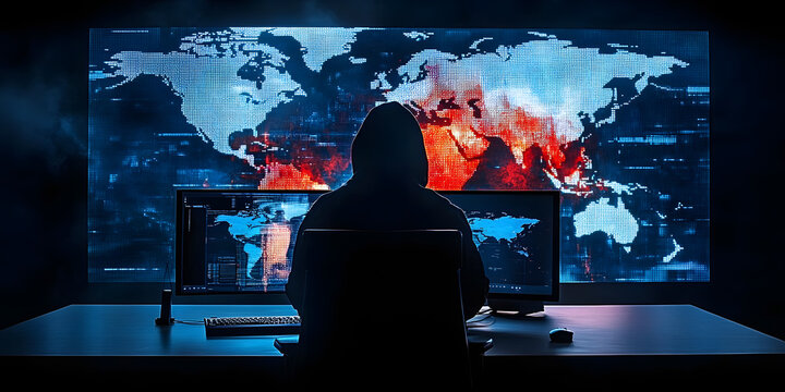 A hooded figure sits in front of a computer, facing a large screen displaying a world map and digital data. The scene evokes cybersecurity threats and global hacking