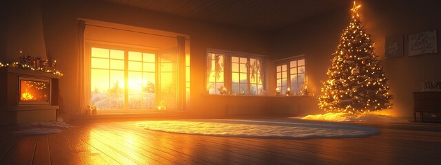 Obraz premium Holiday Decorated Living Room with Christmas Tree and new year Ornaments.Concept of Holiday cheer, family gathering, holiday decor,Home decor, interior design, retail, real estate, holiday marketing.