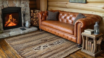A cozy rustic sitting area with a plush leather sofa