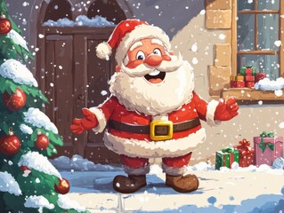 A cartoon-style depiction of Santa Claus on Christmas Day, with his signature red suit and fluffy white beard. 